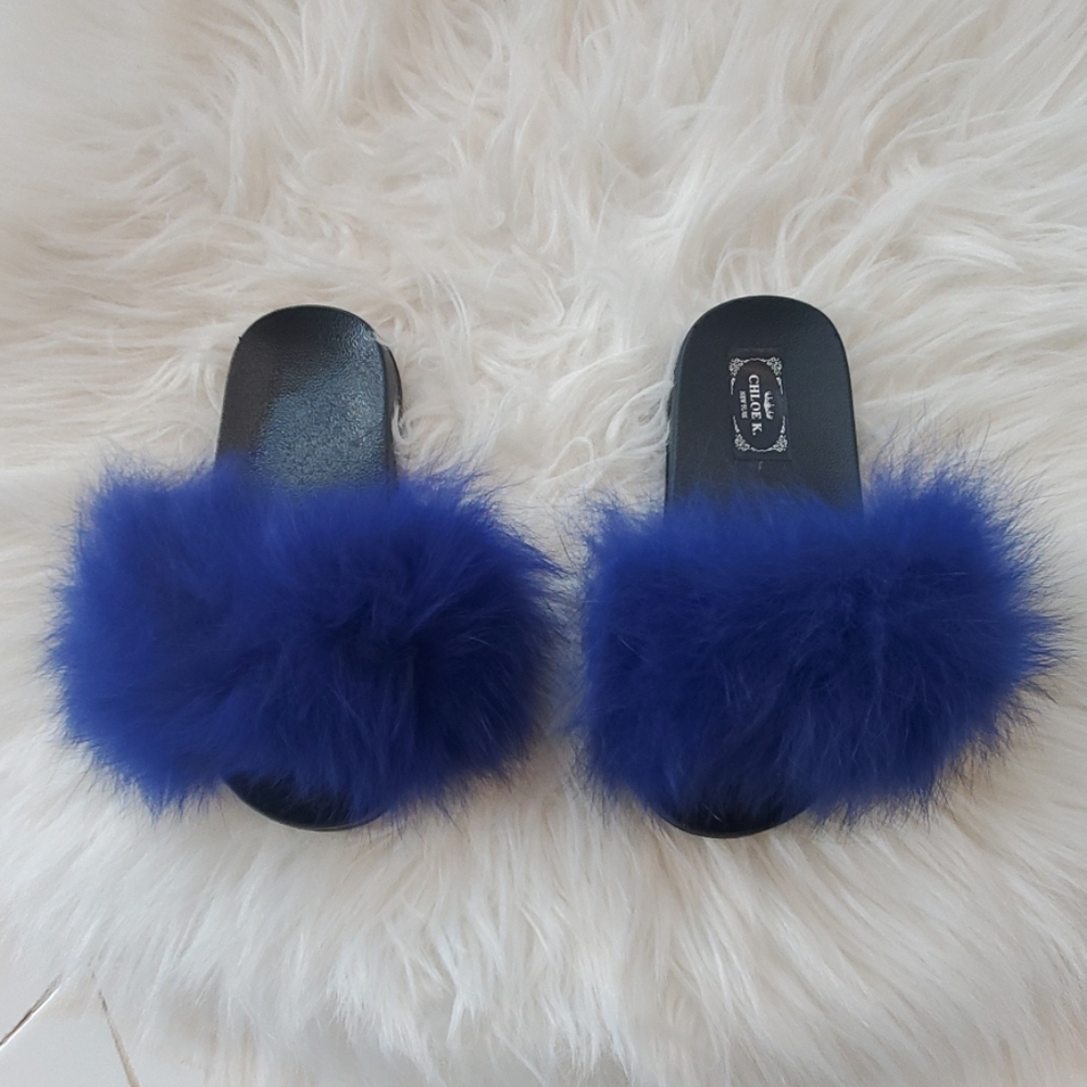 CHLOE K. Royal Blue Fur Slippers Size 9t NWOT
